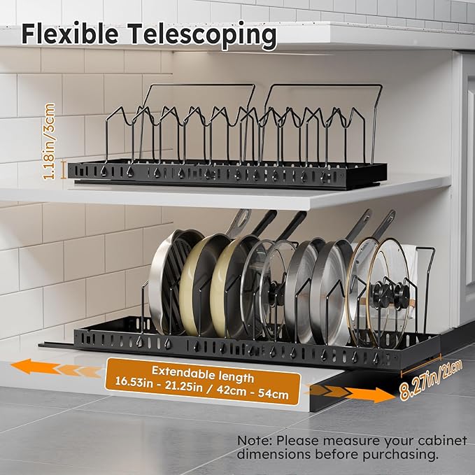 Pull-out Pots and Pans Organizer Under Cabinet - 2 Pack Expandable Pot and Pan Organizer Rack with 10 Adjustable Dividers for Pot, Cutting Board, Dishes, Lid, Baking Tray