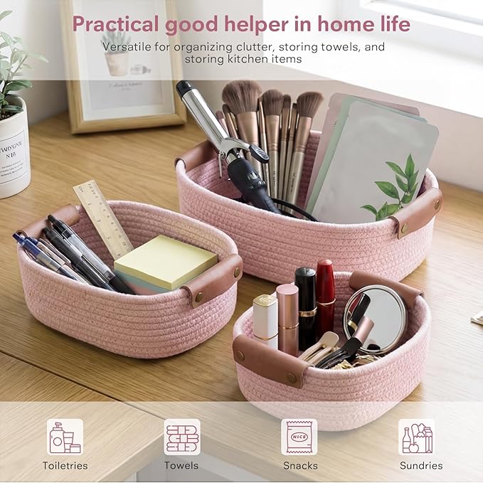 5 Piece Storage Baskets Small Woven Basket with Detachable Leather Handle, Cotton Rope Shelf Baskets for Closet Organizers, Different Sizes Basket Decor, Light Pink
