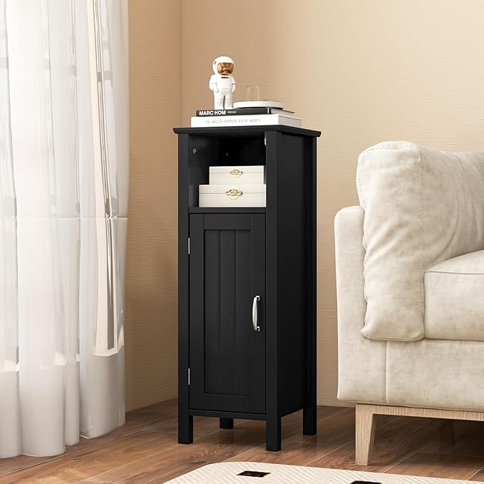 HAPPYGRILL Bathroom Floor Cabinet, Narrow Organizer Console Table Nightstand w/Adjustable Inner Shelves, Freestanding Storage Cabinet for Living Room Kitchen Entryway (Black)