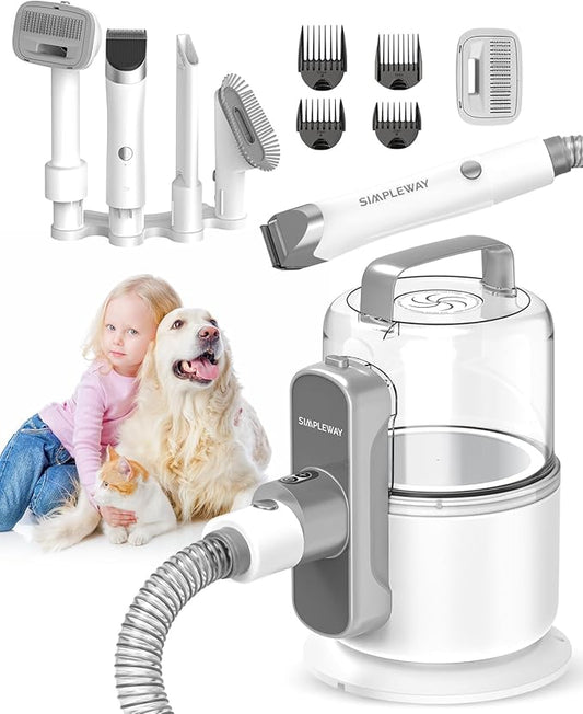 Dog Vacuum Grooming Kit for Shedding: Professional Hair Clippers Pet Groomer - Strong Suction Cleaner Deshedding Tool Fur Brush Attachment Trimmer for Home Cat (Pale White)