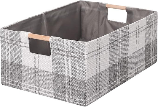 Fabric Storage Bin Box Collapsible Cotton Linen Storage Cube with Wooden Handles Rectangular Decorative Home Organizer Clothes Blanket Basket– Light Gray Plaid, Large