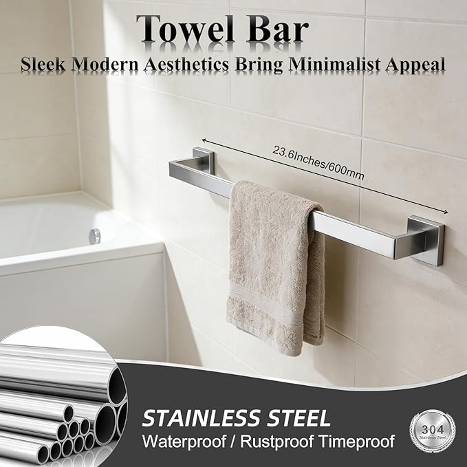 Bathroom Hardware Set 10 Piece Brushed Nickel Bathroom Accessories Set SUS304 Towel Bar Set Includes 2 Towel Bar 24 Inch+2 Towel Holder+2 Toilet Paper Holder+4 Towel Hooks (10, Brushed Nickel)
