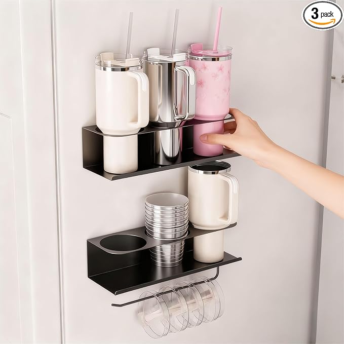 Magnetic Cup Holder for Stanley 40 & 30 oz Tumblers – Cup Holder & Organizer with 6 Slots Magnetic Fridge Lid Rack Water Bottle Organizer for Tumblers Cups and Bottles – 3-Pack Black