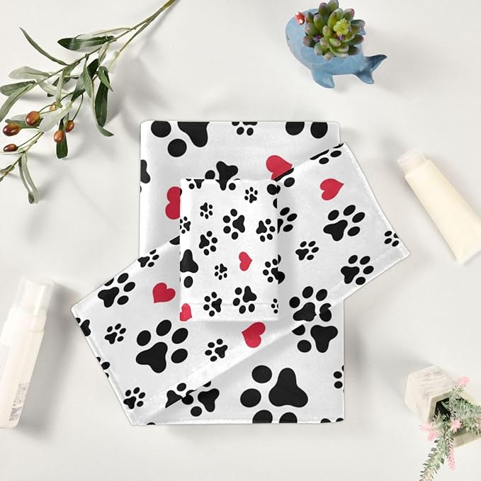 3 Piece Black White Dog Paw Print Bath Towel Set,Microfiber Decorative Puppy Pet Footprint Red Love Hearts Bathroom Towels,1 Bath Towel 1 Hand Towel for Bathroom Kitchen,1 Washcloth for Face
