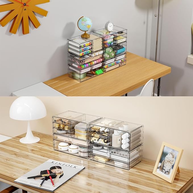 Yieach 3Pack Clear Drawer Organizers Stackable,Acrylic Storage Drawers With 10 Drawers,Multipurpose Office Supply Organizer and Makeup Organizer for Beauty,Craft,Pen,Medical,Stationary Desk Organizers