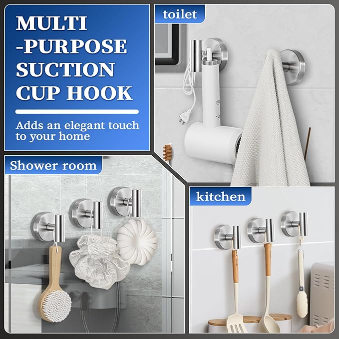 Heavy Duty Reusable Suction Cup Hooks for Shower - No Drill Bathroom/Glass/Mirror/Tiles & Metal Surfaces,and Smooth Non-Porous Surfaces for Towels, Robes, Loofahs (4, Brushed Nickel)