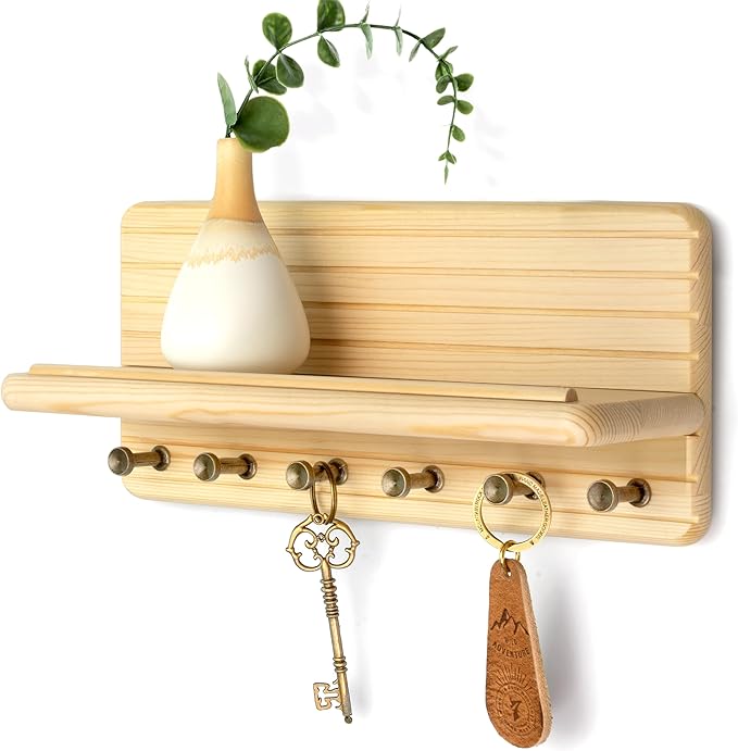 Rebee Vision Decorative Key Holder Wall Mount – Farmhouse 11-Inch Pine Wooden Key Holder for Wall with 6 Hooks & Floating Shelf - Chic and Functional Home Decor Solution (Natural Wood)