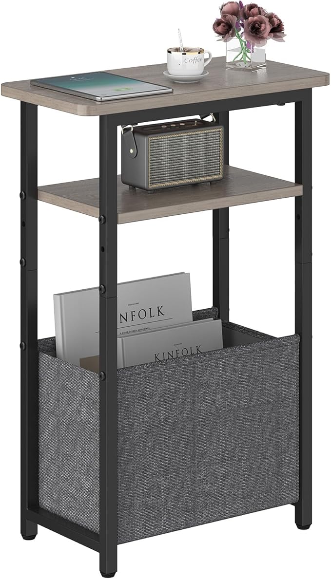 Narrow Side Table, Skinny End Tables with Fabric Basket, Small Side Tables for Small Space, 2-Tier Open Shelves with Basket, Slim Nightstands for Bedroom,Living Room,Office, Grey