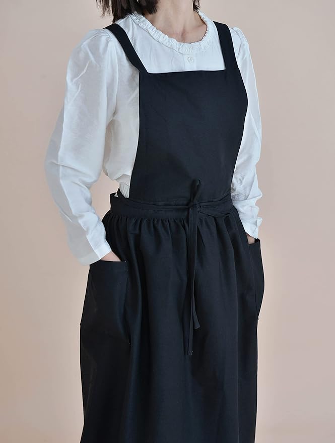 VLZUFE Women Cotton Linen Cross Back Apron with Pockets for Gardening Works Pinafore Dress Black