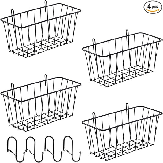 4 Pack Large Grid Wall Baskets with S-Hook - Gridwall Accessories Set Black Metal Hanging Shelf Basket Bins Organizer - Modular Storage Holders for Photo Display Panel Shelving Caddy for Garage