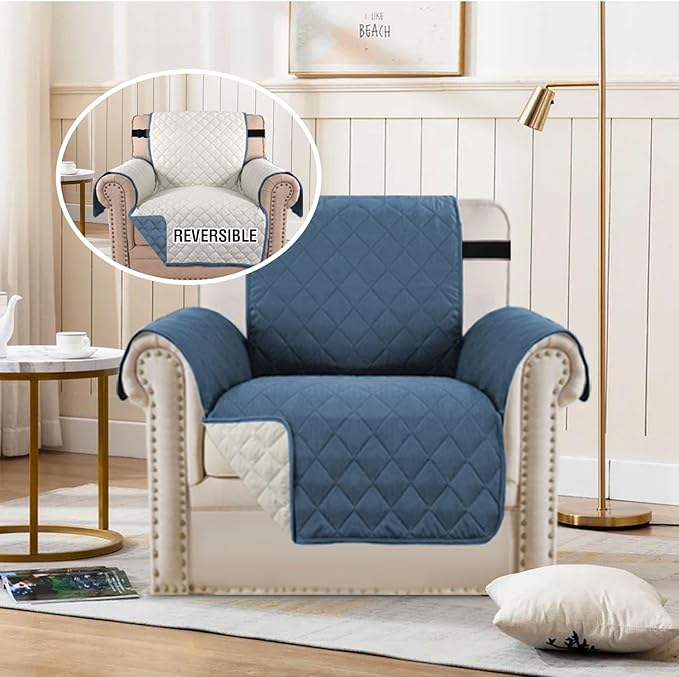 H.VERSAILTEX Water Resistant Chair Cover Reversible Chair Cover Protector for Dogs Washable Chair Slipcover with Non Slip Elastic Strap Living Room Furniture Cover(Armchair, Dark Blue/Beige)