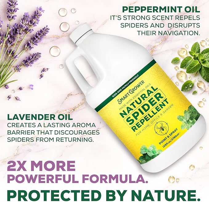 Natural Spider Repellent Spray – Indoor Spider Spray with Peppermint & Lavender, Family & Pet Friendly – Fresh Scent Spider Remover for Bedroom, Bathroom, Closets & Corners 128oz Ready to Use
