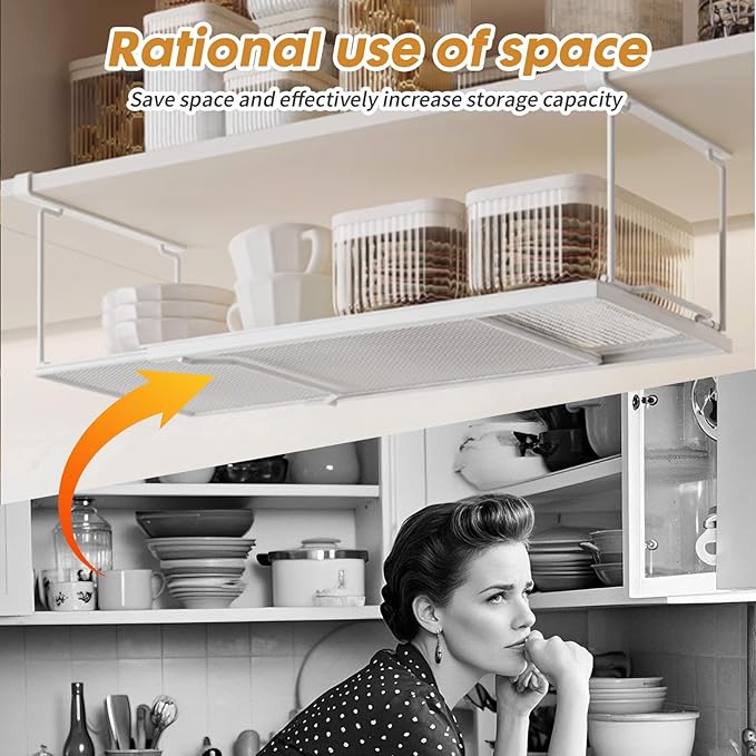 Expandable Hanging Under Shelf Storage Basket,Under Shelf Storage Basket Organizer,Under Hanging Baskets for Cabinet,Pantry, Desk Organization,8.27" D x 15.16"-27.76W x 7.68" H,White
