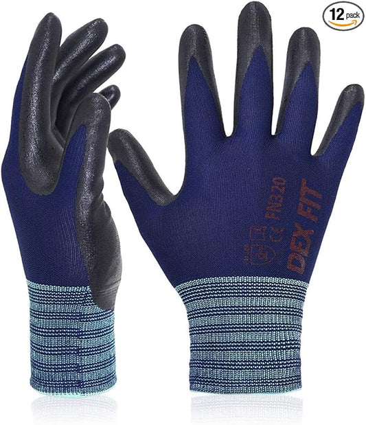 DEX FIT Premium Nylon Work Gloves FN320 - Firm Nitrile Grip, 3D-Comfort Stretchy Fit, Thin & Lightweight, Protective & Durable, Breathable, Machine Washable; Navy 8 (M) 12 Pairs