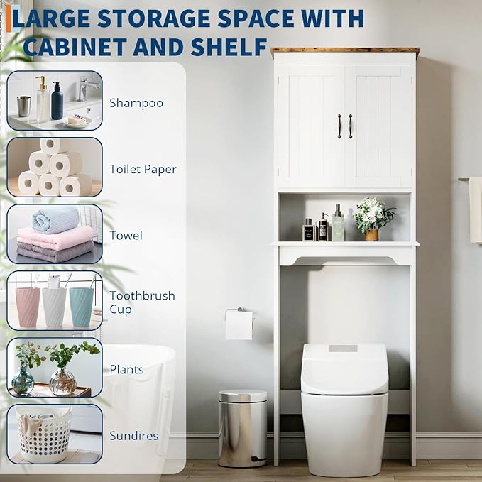 GarveeHome Over The Toilet Storage Cabinet, 66 in H Bathroom Space Saver Organizer with Double Doors & Adjustable Shelves Free Standing Toilet Shelf for Small Bathrooms, Easy Assembly, White