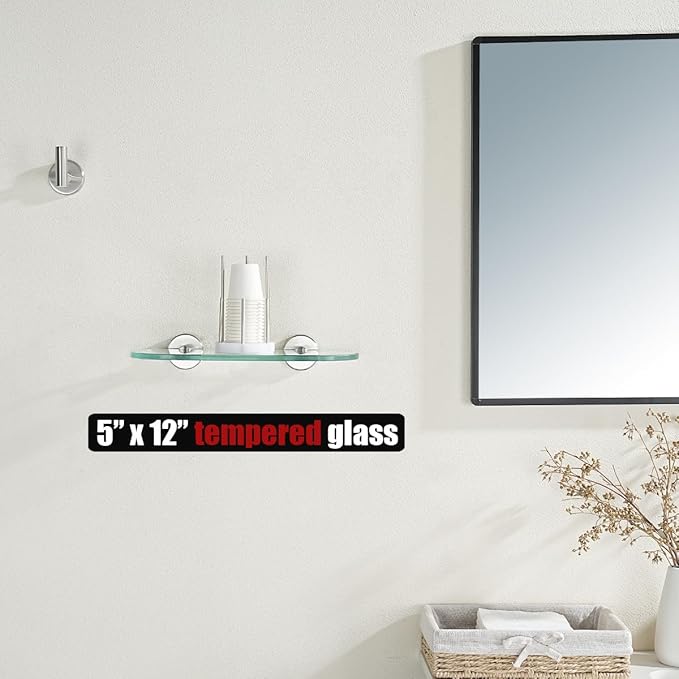 JQK Bathroom Glass Shelf, Tempered Glass Shower Storage 12 by 5 inches, 304 Stainless Steel Brushed Finish Wall Mount, TGS121L12-BN