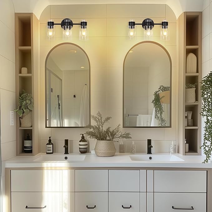 3-Light Bathroom Vanity Light Fixture over Mirror, Matte Black Modern Wall Sconces, Clear Glass Shade & Rustproof Design for Bathroom, Bedroom, Hallway Lighting, E26 Base (Bulbs Not Included)