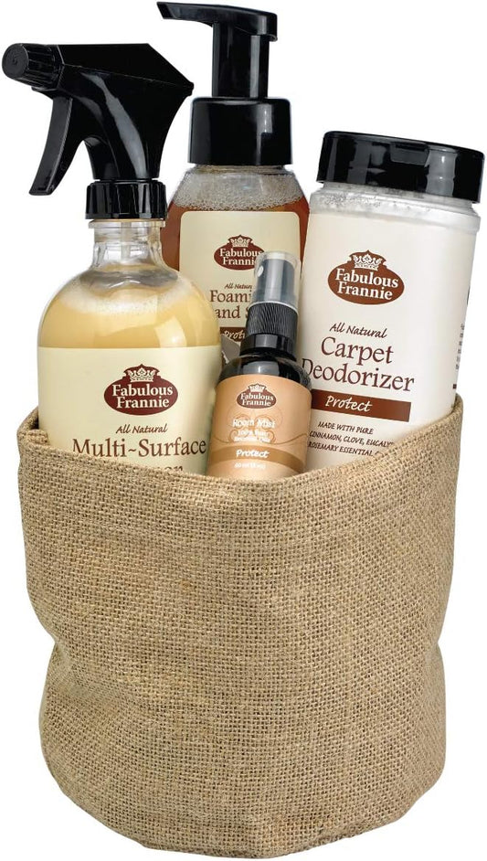 Fabulous Frannie All Natural Protect Scent House Gift Basket includes 16oz Multi-Surface Cleaner, 16oz Carpet Care, 8oz Foam Soap, and Protect Room Mist.