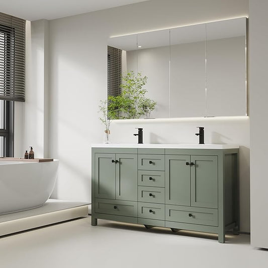 eclife 60" Bathroom Vanities with Sink Combo, Modern Thickened Wood Bathroom Storage Cabinet w/Undermount Double Sink, Matte Black Faucet Drain, Painted Surface, Green