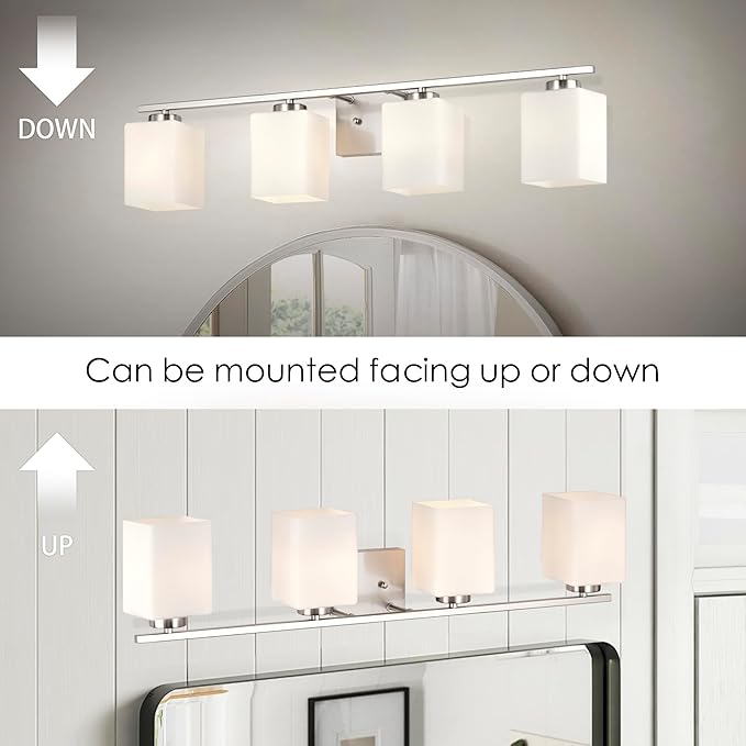 Edvivi Bathroom Light Fixtures, 4-Light Modern Brushed Nickel Vanity Light Over Mirror, Wall Sconces with Square White Glass Shades for Living Room, Bedroom, Hallway, E26 Base