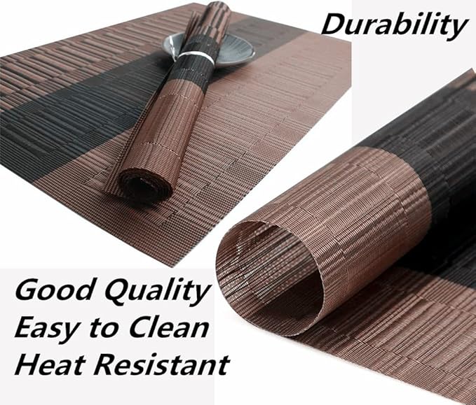 Placemats, Washable PVC Table Mats, Woven Vinyl Placemat for Dining Table Place Mats Set (6 placemats and 1 Table Runner, Black and Brown)