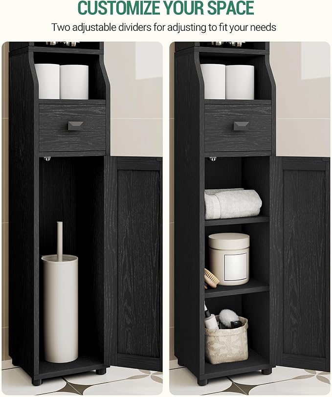 Bathroom Storage Cabinet, Narrow Tall Bathroom Cabinet, Freestanding Floor Cabinets with 2 Doors and 1 Drawer, Toilets Organizer with Adjustable Shelf, 1 Hook for Small Spaces, Black