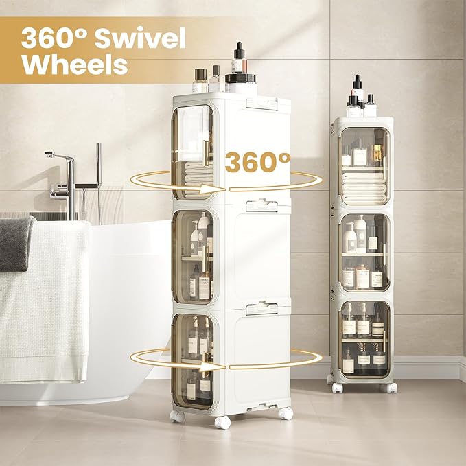 3 Tier Slim Bathroom Storage Cabinet, Narrow Organizer with Wheels and Toilet Paper Holder, Waterproof, No Assembly Required, Perfect for Small Spaces in Bathroom, Kitchen and Bedroom