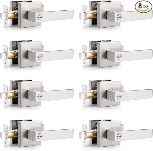 Probrico Interior Brushed Nickel Door Handle, Heavy Duty, Flat Square Privacy Door Handles, Keyless Door Levers Lockset for Bedroom and Bathroom (8 Pack, Modern)