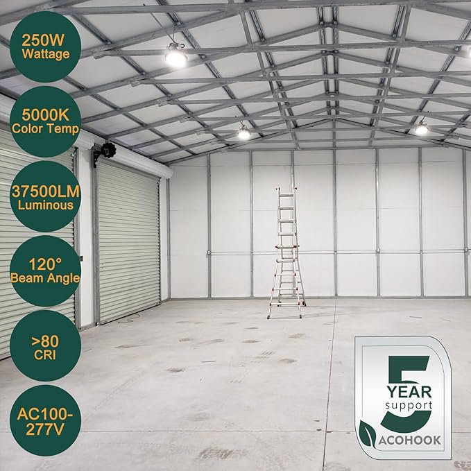 8Pack 250W LED High Bay Light, 37500LM (Eqv. to 1000W HPS/MH) High Bay LED Shop Lights, 5000K 𝐀𝐂𝟏𝟎𝟎-𝟐𝟕𝟕𝐕 UFO Commercial Light 𝟓𝐘𝐞𝐚𝐫𝐬 𝐖𝐚𝐫𝐫𝐚𝐧𝐭𝐲