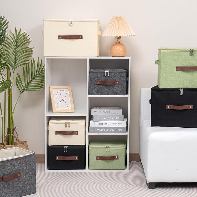Storage Bins with Zipper Lid Foldable Fabric Lidded Storage Boxes Baskets Cubes Washable Collapsible PU Leather Handle Cotton Linen Fabric Shelf Closet Organizer Container(Black, Large Size)