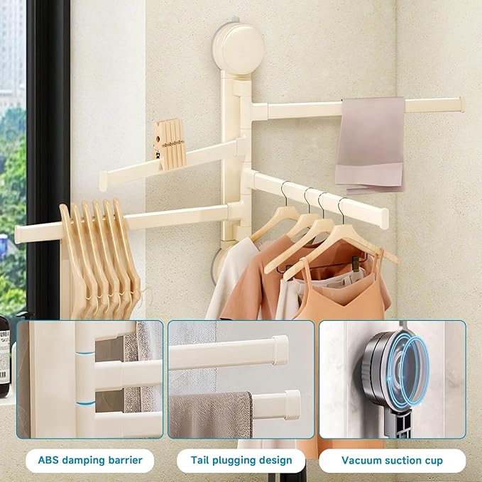 Suction Cup Towel Rack,Space Saving Wall Mounted Swivel Towel Holder, SUS304 Stainless Steel 4-Arm No Drilling Towel Bar for Bathroom, Kitchen-White