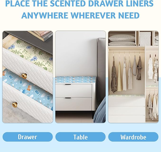 SCENTORINI Scented Drawer Liners for Dresser,6 Linen + 6 Baby Powder Scent Drawer Paper Liners, Paper Sheets Liner 14.3x19.5 Inch, for Fragrant Home Shelf Closet Bedroom Drawer