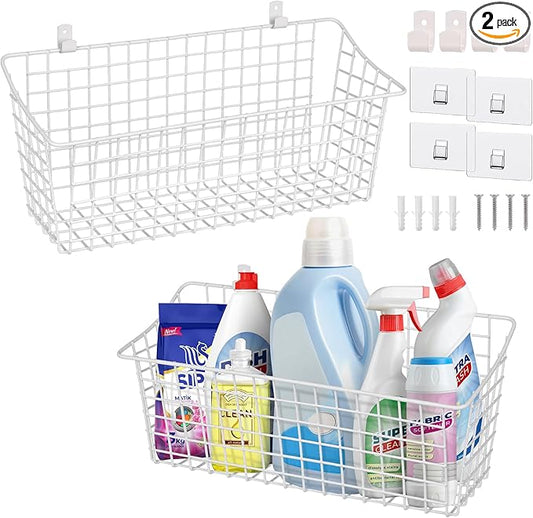 Large Wall Hanging Baskets - 2 Set Rustproof Rubber Coating Wall Shelving Organizers - Metal Wire Basket Storage No Drill Adhesive Wall Mount for Shower Kitchen Laundry Pantry Cabinet RV (White)