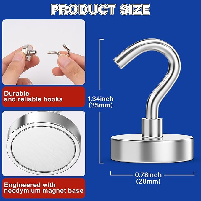 6Pack Strong Magnetic Hooks Heavy Duty, Magnet Hooks, 35lbs Metal Magnetic Hooks for Cruise Cabins, Magnet with Hooks, Magnet Hook, Magnetic Hook for Hanging, Refrigerator, Garage