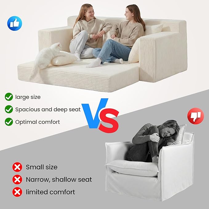 Convertible Sofa Bed, 5 in 1 Small Boneless Couch Pull Out Loveseat Sleeper Sofa,Corduroy Futon Couch Folding Mattress with 4 Pillows for Living Room Bedroom Lounge (No Assembly)