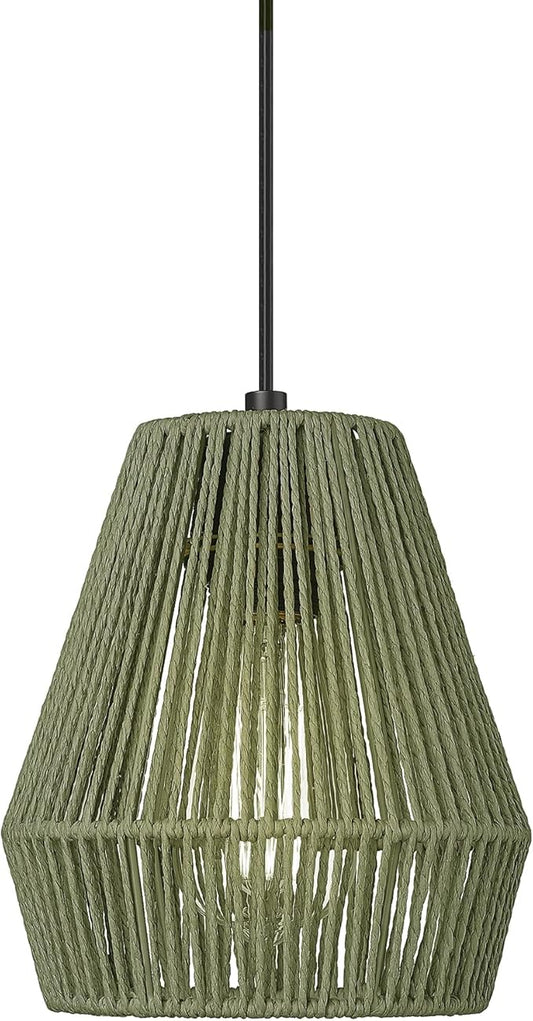 ELYONA Woven Pendant Lights, 7” Rustic Rattan Hanging Lamp Adjustable Handwoven Basket Shade, Boho Pendant Light Fixtures for Kitchen Island, Dining Room, Bedroom, Farmhouse Bar, Foyer Hallway, Green