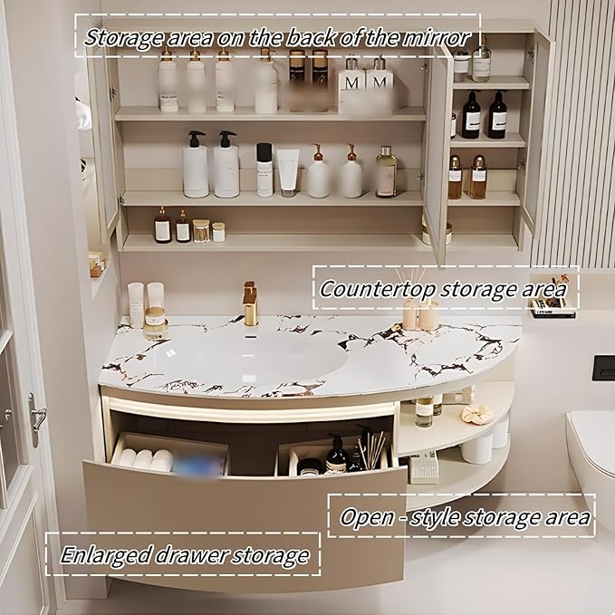 48IN Floating Bathroom Vanity, Wall Mounted Wood Sink Cabinet with Smart Sensor LED Light Strip & Open Style Side Cabinet | LED Lights & Defogging Function, Single Sink Vanities Set (Black)