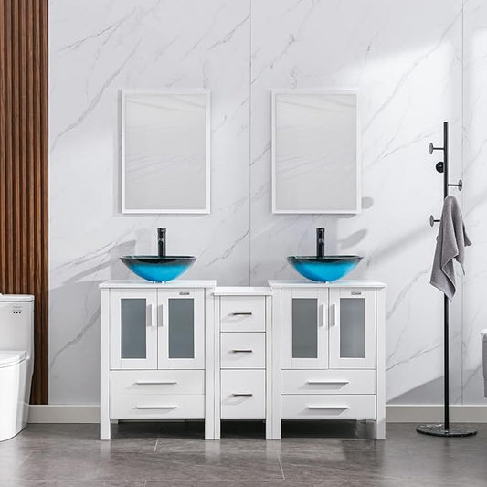 eclife 60" Modern Bathroom Vanity Sink Combo Freestanding Cabinet with Small Side Cabinet, Turquoise Square Glass Vessel Sink, Water Save Faucet, Drain (White+A10)