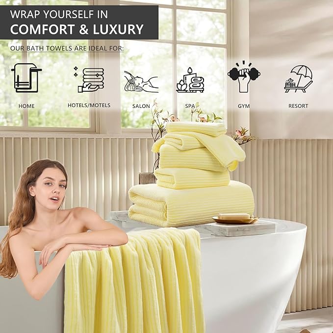 4 Piece Bath Towel Set 35"x70"Oversized Bath Towel for Bathroom Ultra Soft Fluffy Extra Large Bath Sheet Luxury Premium Bathroom Towel Highly Absorbent Quick Dry Shower Towel for Hotel Spa,Yellow