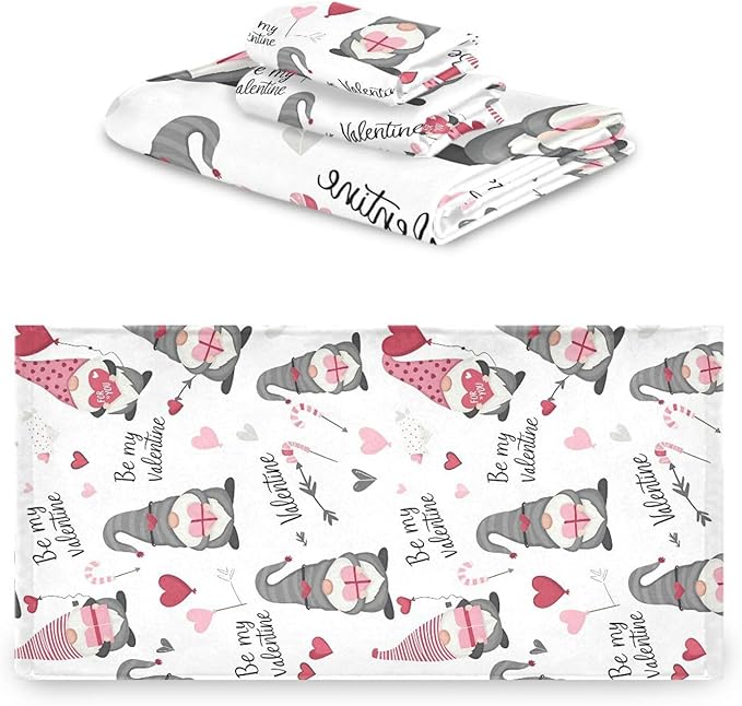Cute Gnomes Hearts Pink Towels Set of 3 Romantic Romantic Love Spring White Bathroom Towel Soft Absorbent Bath Hand Towels Washcloth Guest Towel Sets Mother Valentine Decorations