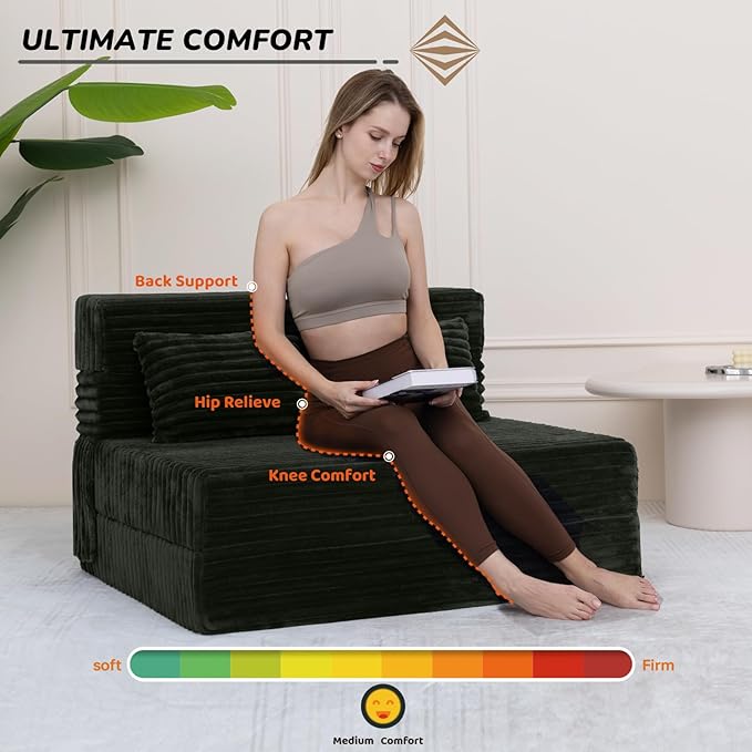 Folding Sofa Bed Twin, Convertible Sleeper Chair Loveseat with Pillow, High-Density Futon Chair Bed, Foldable Sofa Sleeper Floor Couch for Bedroom Living Dorm Guest Room, Charcoal Moss Grey