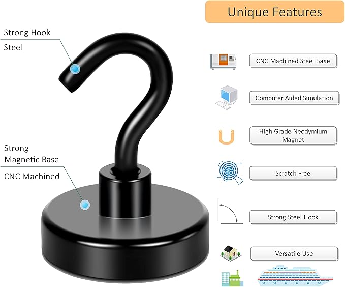 Neosmuk Black Magnetic Hooks, Strong Magnet with Hook for Fridge, Super Neodymium Extra Strength Industrial Hooks for Hanging (Matte Black,4 Pack)