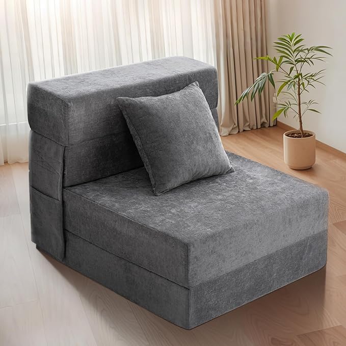 HOMFINE Folding Sofa Bed - Convertible Sleeper Chair with Pillow, Fold Out Couch, Memory Foam Floor Mattress, Futon Couch, Lazy Sofa for Living Room/Dorm/Guest Room/Home Office, Single, Grey