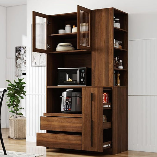 KEIKI 70.87" Tall Kitchen Pantry Storage Cabinet with Multi-Functional Pull-Out Shelf, Side Shelves, 2 Drawers, Glass Doors & Microwave Stand, Wood Hutch Food Pantries Cupboard for Dining Room