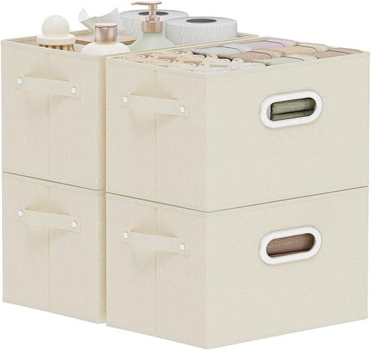 Foldable Cloth Basket with 4 Handles, Decorative Open Storage Boxes, Stackable Cube Organization, Fabric Bins for Shelves, Closet, Living Room, 10.2x7.9x6.7in, Beige, 4 Pack