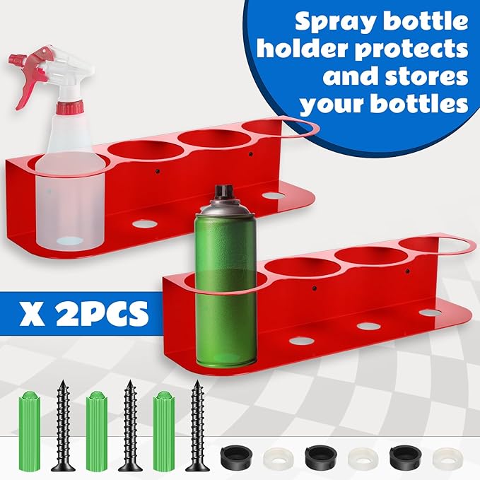 2 Pcs All Purpose Steel Spray Bottle Holder Heavy Duty Can Holder Rack Organizer Easy Install Wall Mount Paint Spray Bottle Organizer Storage Rack for Garage Home Workspace(Red,4 Holes)