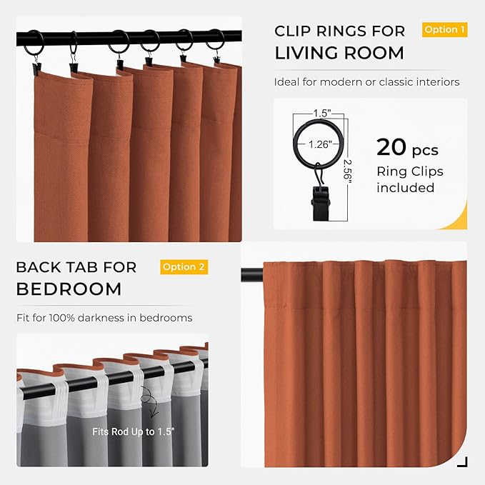 INOVADAY 100% Blackout Curtains for Bedroom, Black Out Curtains 63 Inch Long, Clip Rings Linen Blackout Drapes, Thermal Insulated Room Darkening for Living Room, 2 Panels - Orange,W50xL63