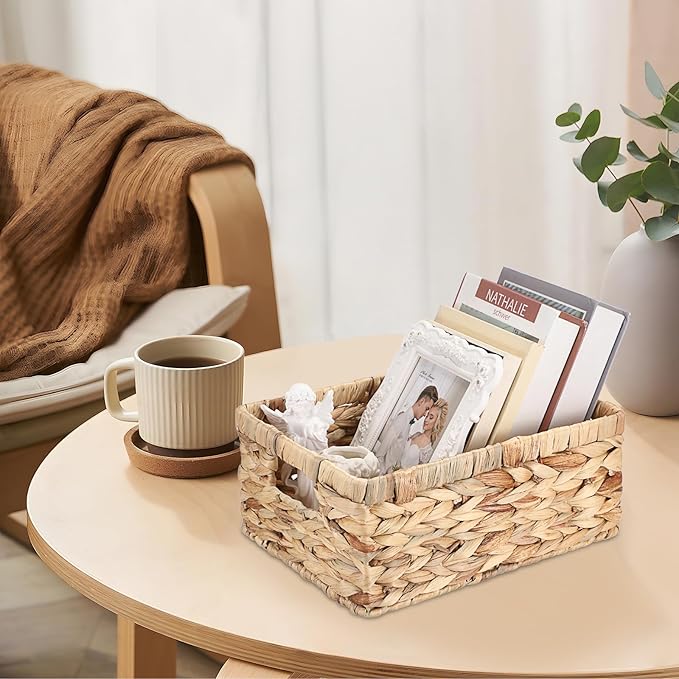 Wicker Basket for Shelf Water Hyacinth Storage Baskets with Built-in Handles Handwoven Natural Basket Bin for Bathroom Kitchen Home Decor,12 x 9 x 5 inches