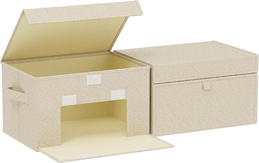 Fabric Storage Boxes, Closet Organizer with Handles, Basket Bins with Flip Cover, Cube Organization for Clothes, Shoes, Blankets, 13x9.1x7.9in, Grey and Beige, 2 Pack