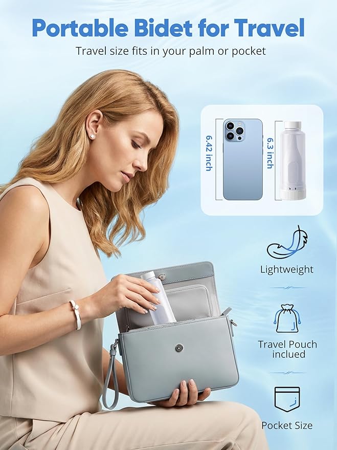 Portable Bidet for Travel – Electric Peri Bottle with Dual Spray Modes, 360° Nozzle, Water Bottle Adapter, USB Rechargeable, Waterproof, Travel Bidet for Postpartum & Personal Hygiene